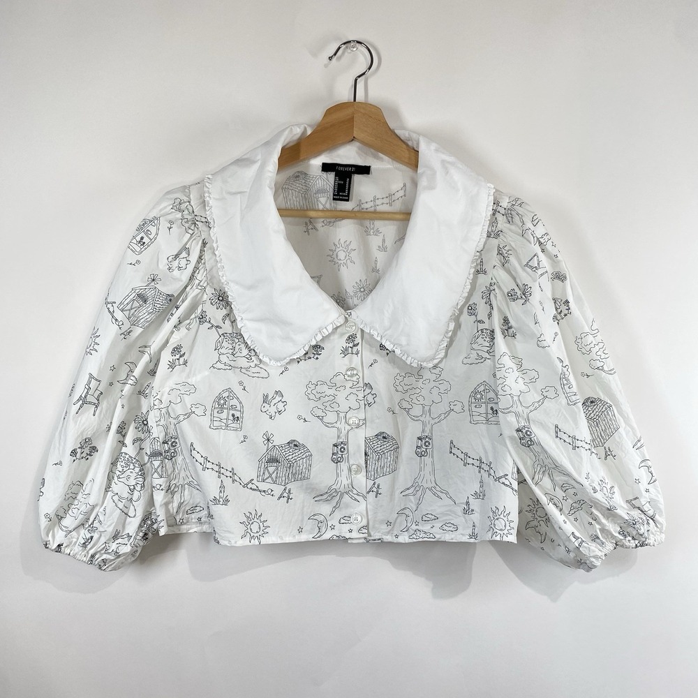 Forever 21 Womens Peter Pan Collar Puff Sleeve Cropped Blouse Top Size M Cotton
